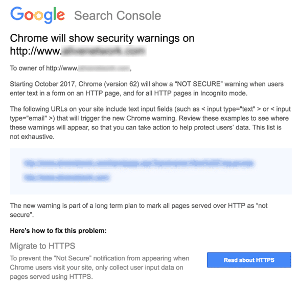 Google Search Console http Website Warnings