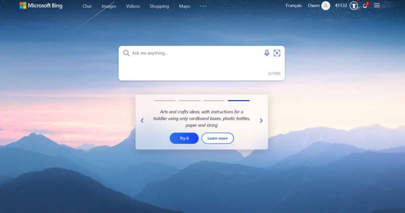 New Bing Search Interface with Chat Option