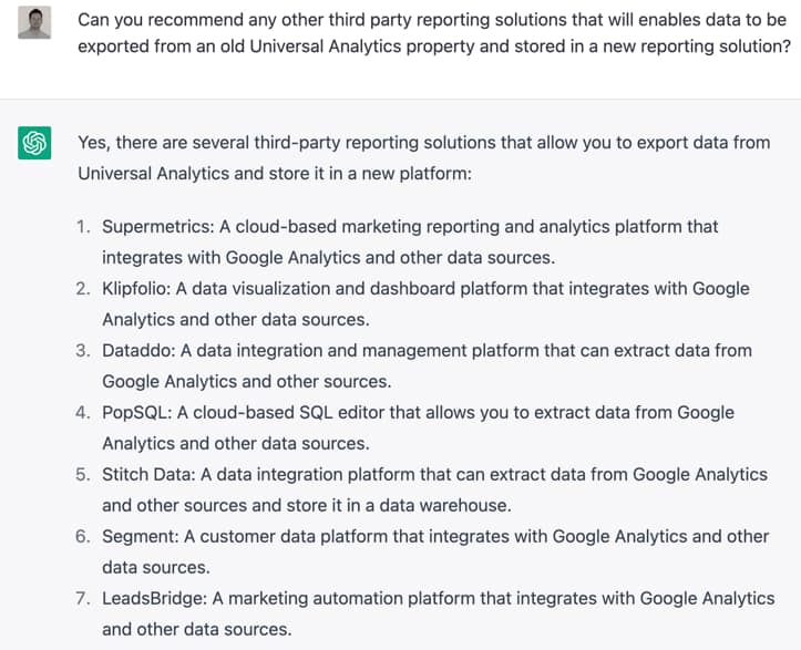 Chat GPT Example for Commercial Website Recommendations