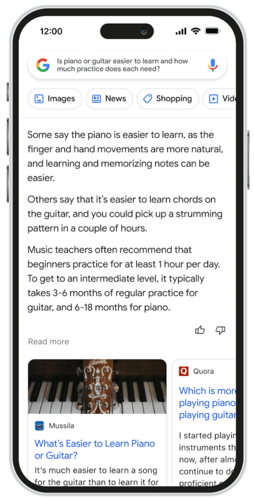 Google Bard Search result example with AI Search use